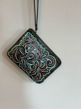 Patricia Nash Brown Tooled Leather Wristlet with Turquoise Accents